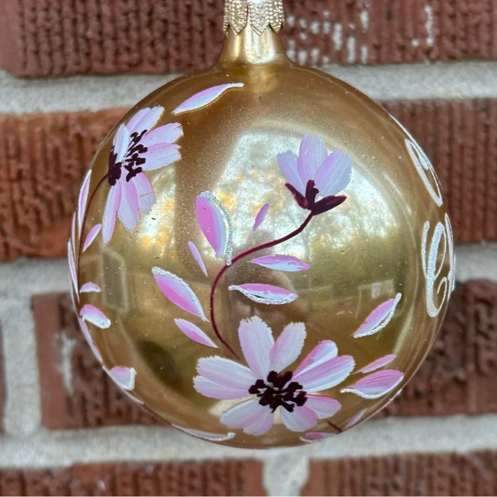 Christmas Tree Ornaments Ball Red White Gold Glitter Ribbon Hand painted 5 pc